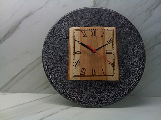 Clock 30 cms square face Roman crackle black.jpg